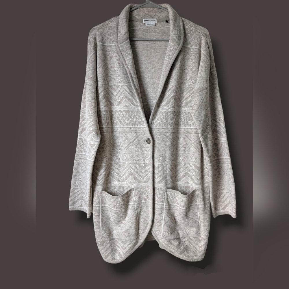 Prana Grey Tribal Print Cozy Organic Cotton Wool V-Neck Sevie Sweater Cardigan